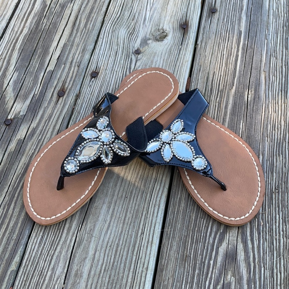 Jeweled black patent thongs
